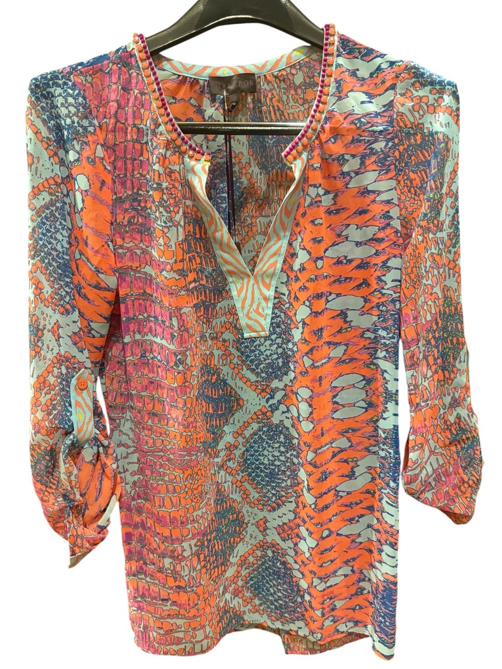 Colorful Hale Bob V-Neck Snakeskin Print Tunic Top NWOT